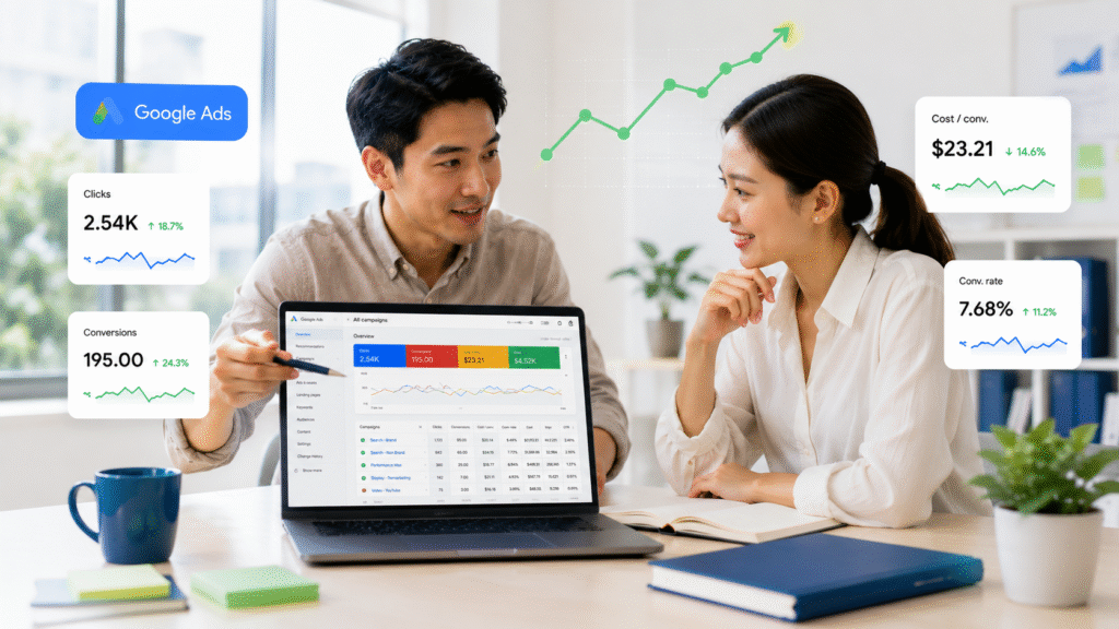 Why Google Ads Feels Unpredictable in 2026, And What Singapore SMEs Should Do About It Adbiliti Google Ads strategist reviewing client campaign performance on laptop in Singapore office