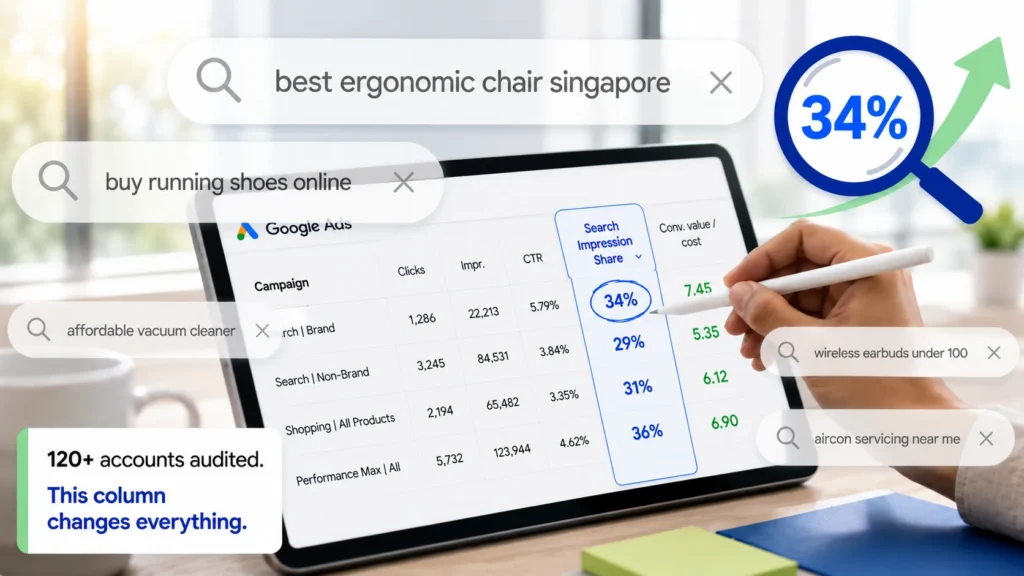 What Is Search Impression Share (and Why It's Your Most Important Growth Metric) Adbiliti Google Ads consultant reviewing search impression share data with SME client.
