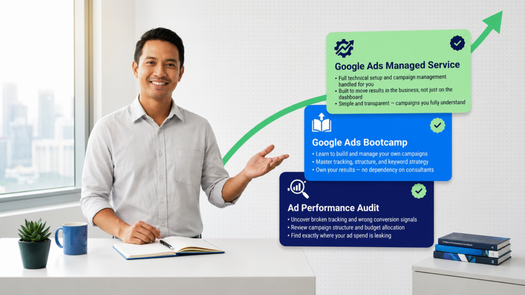 A warm, confident Singaporean Google Ads strategist gestures toward three floating service cards in a bright Singapore office — showing the Ad Performance Audit, Google Ads Bootcamp, and Google Ads Managed Service offerings, with a green trend line arcing across the upper right and a stack of business books in the corner.