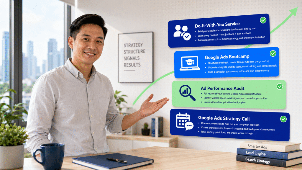 Singaporean male Google Ads strategist standing in a bright Singapore office, gesturing warmly toward four floating service cards on the right — Do-It-With-You Service, Google Ads Bootcamp, Ad Performance Audit, and Strategy Call — each with sub-details and a green checkmark badge, with an upward green trend line arcing across the background. CTA closing image for Adbiliti article on Musical Touch case study.