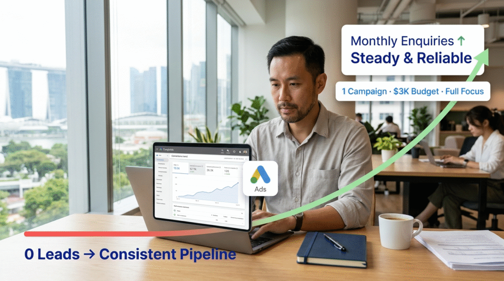 A composed Singaporean professional reviews a rising Google Ads conversion dashboard on his laptop at a bright Singapore co-working desk, with floating metric cards showing steady lead growth and a green upward trend line — illustrating how fixing tracking and consolidating budget restored consistent enquiries for an accounting firm.