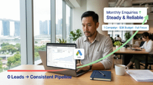 What Is Search Impression Share (and Why It's Your Most Important Growth Metric) A composed Singaporean professional reviews a rising Google Ads conversion dashboard on his laptop at a bright Singapore co-working desk, with floating metric cards showing steady lead growth and a green upward trend line — illustrating how fixing tracking and consolidating budget restored consistent enquiries for an accounting firm.