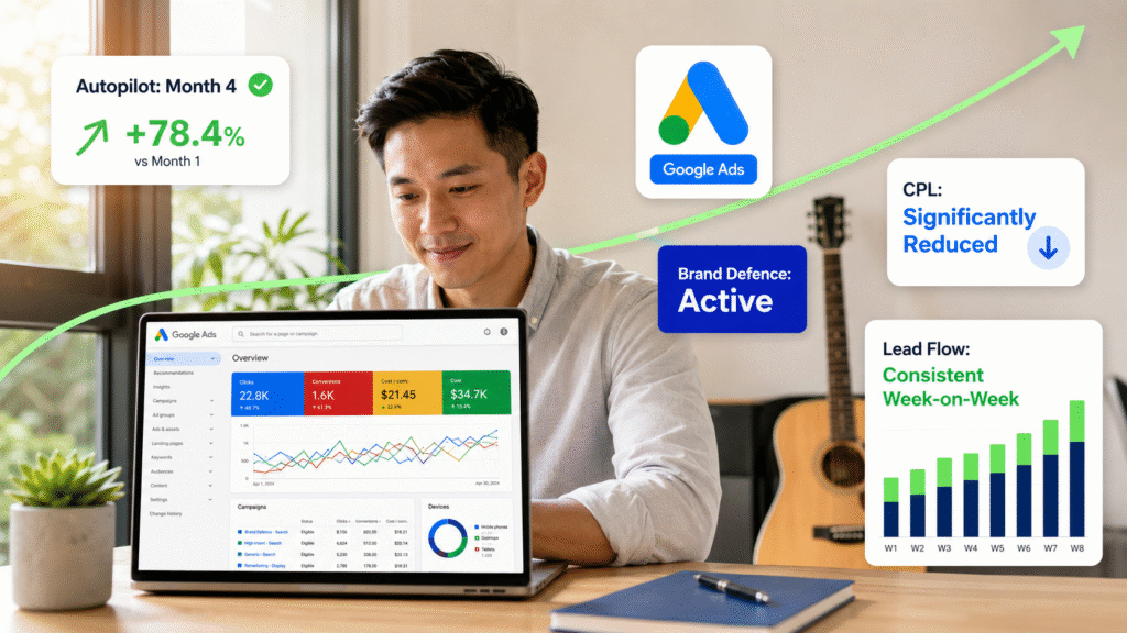 Singaporean entrepreneur reviewing a Google Ads campaign dashboard at a bright modern desk, with an acoustic guitar blurred in the background, overlaid with metric cards showing autopilot lead flow and brand defence results — hero image for Musical Touch Google Ads case study by Adbiliti.
