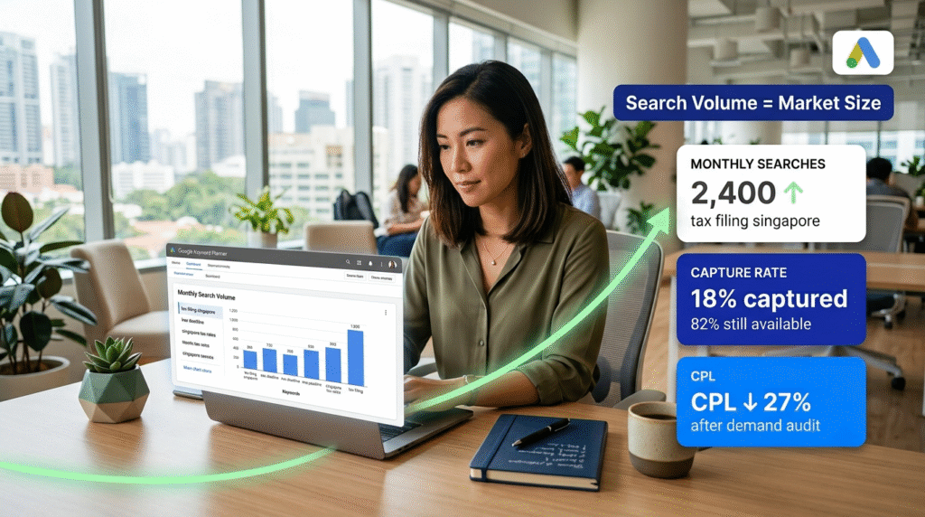 A Singapore professional reviewing Google Keyword Planner search volume data on a laptop in a bright co-working space, with floating metric cards showing monthly search demand, capture rate, and cost-per-lead results — illustrating how SMEs can use Google Ads data to size their market before setting a budget.