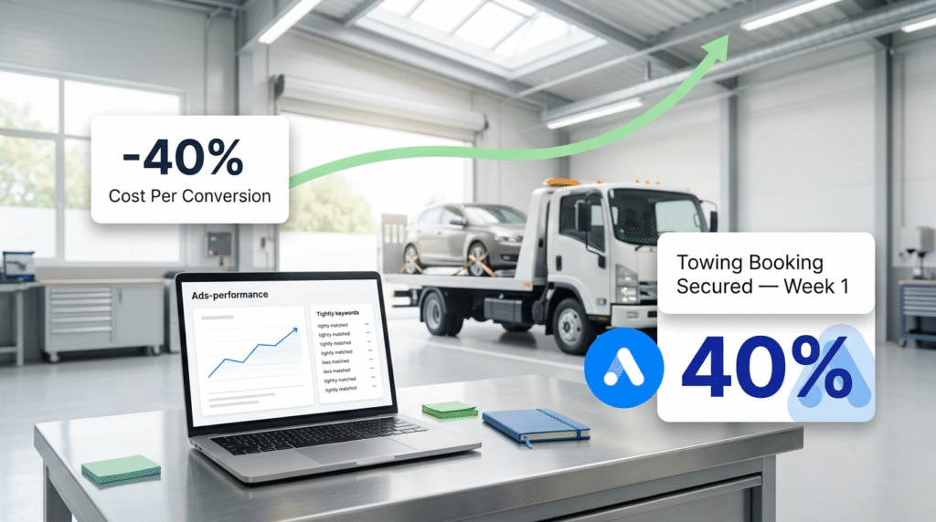 Bright Singapore car workshop with a tow truck and a laptop displaying a simplified Google Ads dashboard, graphic overlays showing a 40% drop in cost per conversion and a towing booking secured in week one — hero image for the Adbiliti My Car Consultant case study.