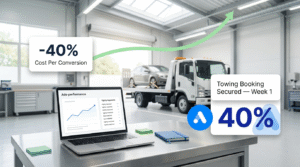Bright Singapore car workshop with a tow truck and a laptop displaying a simplified Google Ads dashboard, graphic overlays showing a 40% drop in cost per conversion and a towing booking secured in week one — hero image for the Adbiliti My Car Consultant case study.