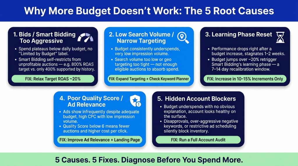Infographic showing the 5 root causes why increasing Google Ads budget doesn't improve results — aggressive bids, low search volume, learning phase reset, poor Quality Score, and hidden account blockers — each with its symptom and fix.