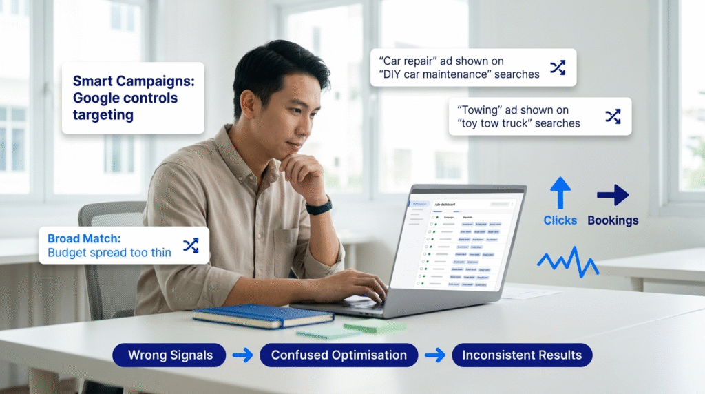 Singaporean marketing professional in a bright office calmly reviewing a cluttered, overlapping Google Ads account on a laptop, with graphic overlays highlighting Smart Campaign automation, broad match keyword waste, and mismatched search-to-ad examples — illustrating the root-cause diagnosis in the Adbiliti My Car Consultant case study.