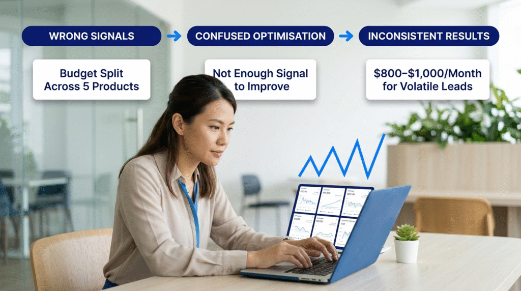 Three-card infographic showing Singapore Blinds' Google Ads turnaround: Situation (diluted 5-product budget, volatile leads, high agency fees), Approach (door-opener product, landing page redesign, WhatsApp validation), and Outcome (steady leads, no agency fees, full control) — connected by arrows and closing with a summary banner reading "5 Diluted Products → 1 Focused System, Leads on Autopilot."