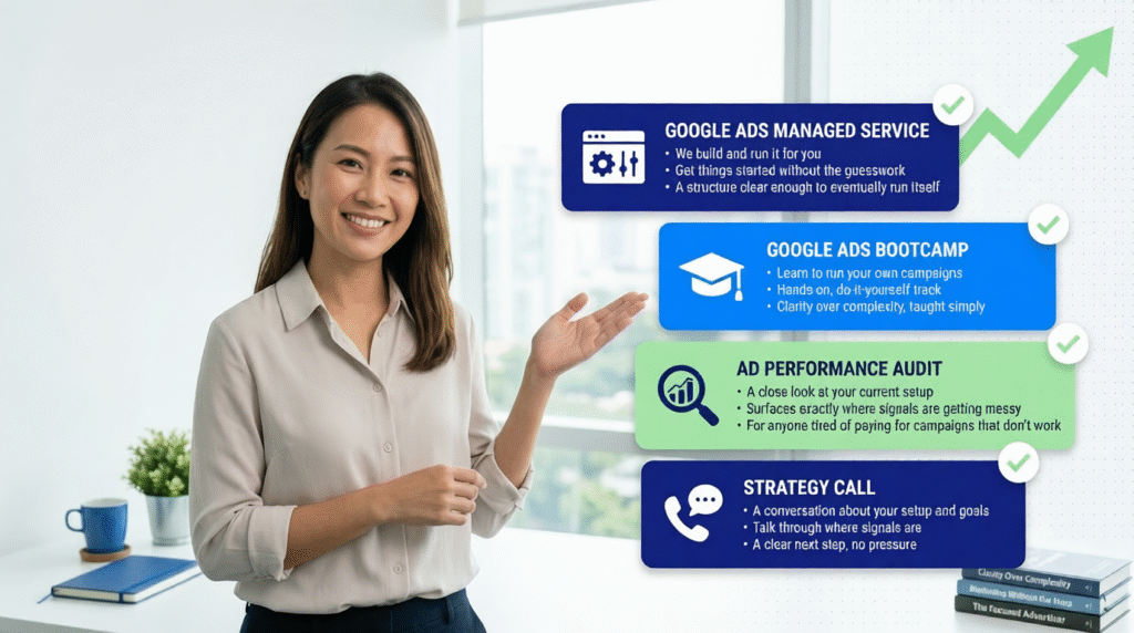 Smiling Google Ads strategist in a bright Singapore office gesturing toward four floating service cards — Google Ads Managed Service, Google Ads Bootcamp, Ad Performance Audit, and Strategy Call — each with icon, title, and sub-detail bullets, inviting SMEs to get started or fix underperforming campaigns.