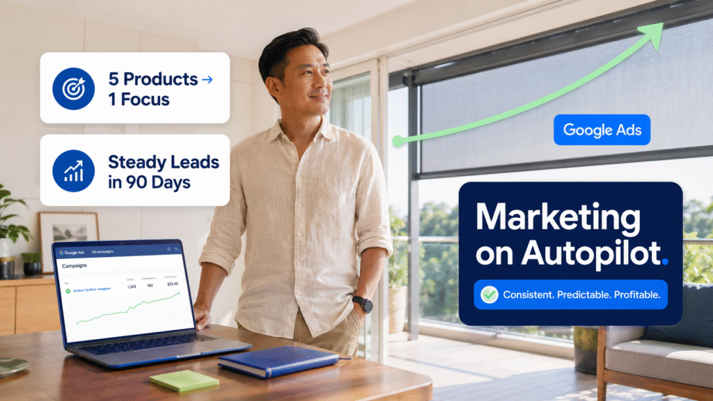 Singaporean business owner reviewing a simplified, single-campaign Google Ads dashboard at home, with an outdoor zip blind visible on the balcony behind him — representing Singapore Blinds' shift from scattered offshore agency management to a focused, steady lead-generation system.
