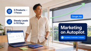 Singaporean business owner reviewing a simplified, single-campaign Google Ads dashboard at home, with an outdoor zip blind visible on the balcony behind him — representing Singapore Blinds' shift from scattered offshore agency management to a focused, steady lead-generation system.